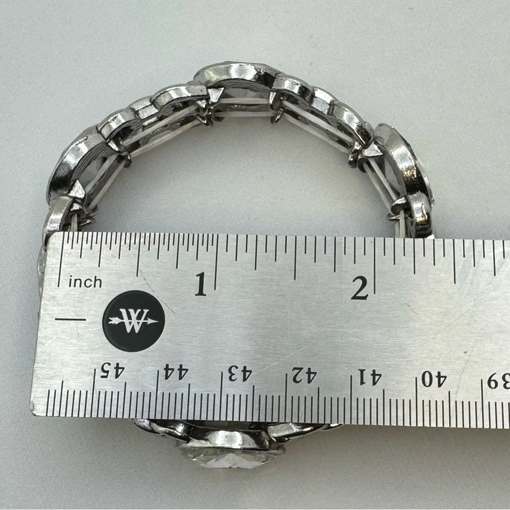 Silver Tone Crystal Stretch Bracelet Round Rhinestone Statement Bold Sparkle